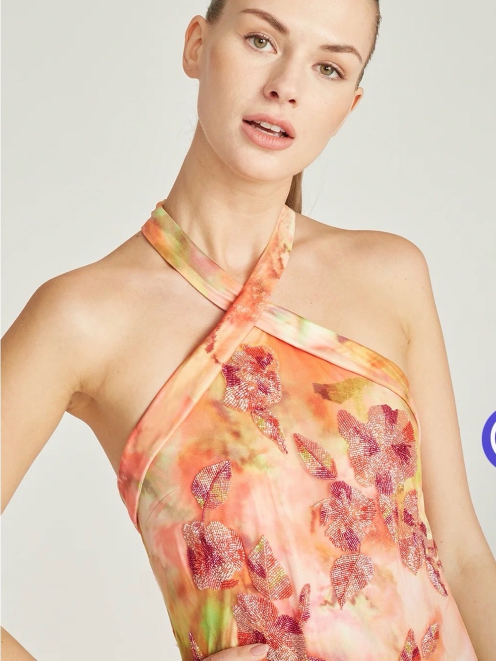 Theia Orange Pink Floral Halter Midi Dress with Fringe - Picture 5 of 11